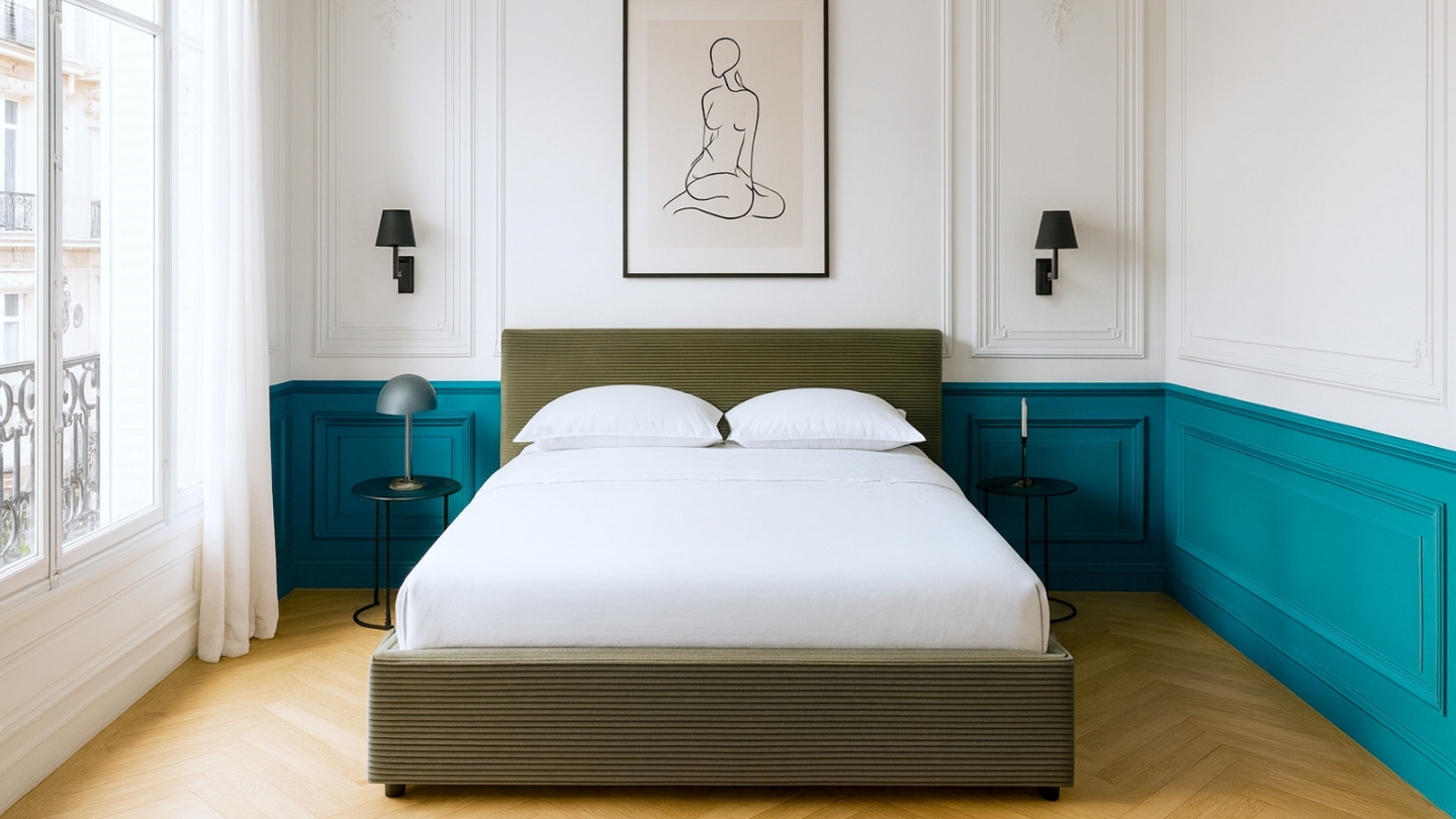 Ensemble Lit coffre adulte 140x190cm avec tête de lit en velours côtelé vert - Tina + Matelas mémoire de forme - Memo HR