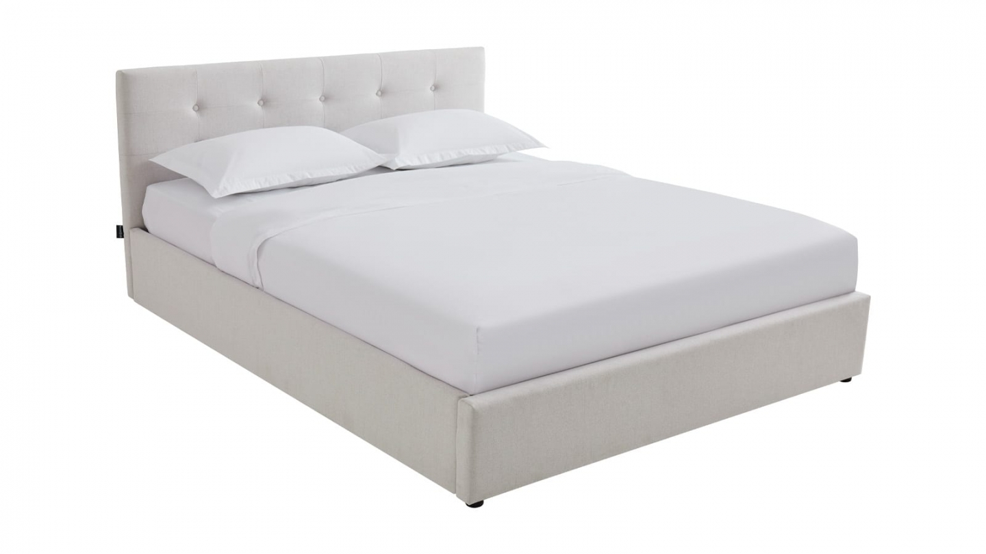 Ensemble Lit coffre adulte 140x190cm avec tête de lit en tissu beige - Tina + Matelas mémoire de forme - Memo HR