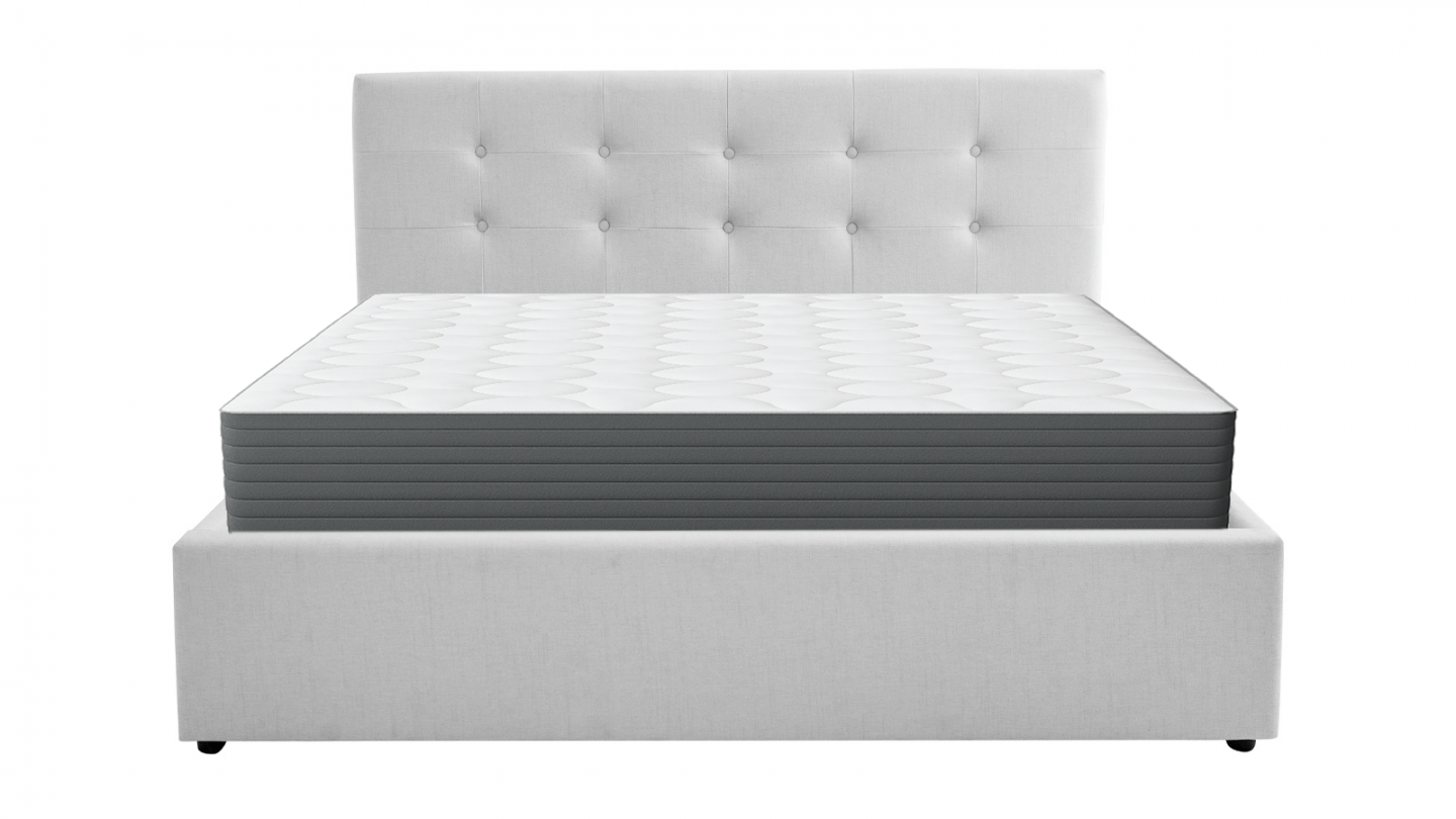 Ensemble Lit coffre adulte 140x190cm avec tête de lit en tissu gris - Tina + Matelas mémoire de forme - Memo HR