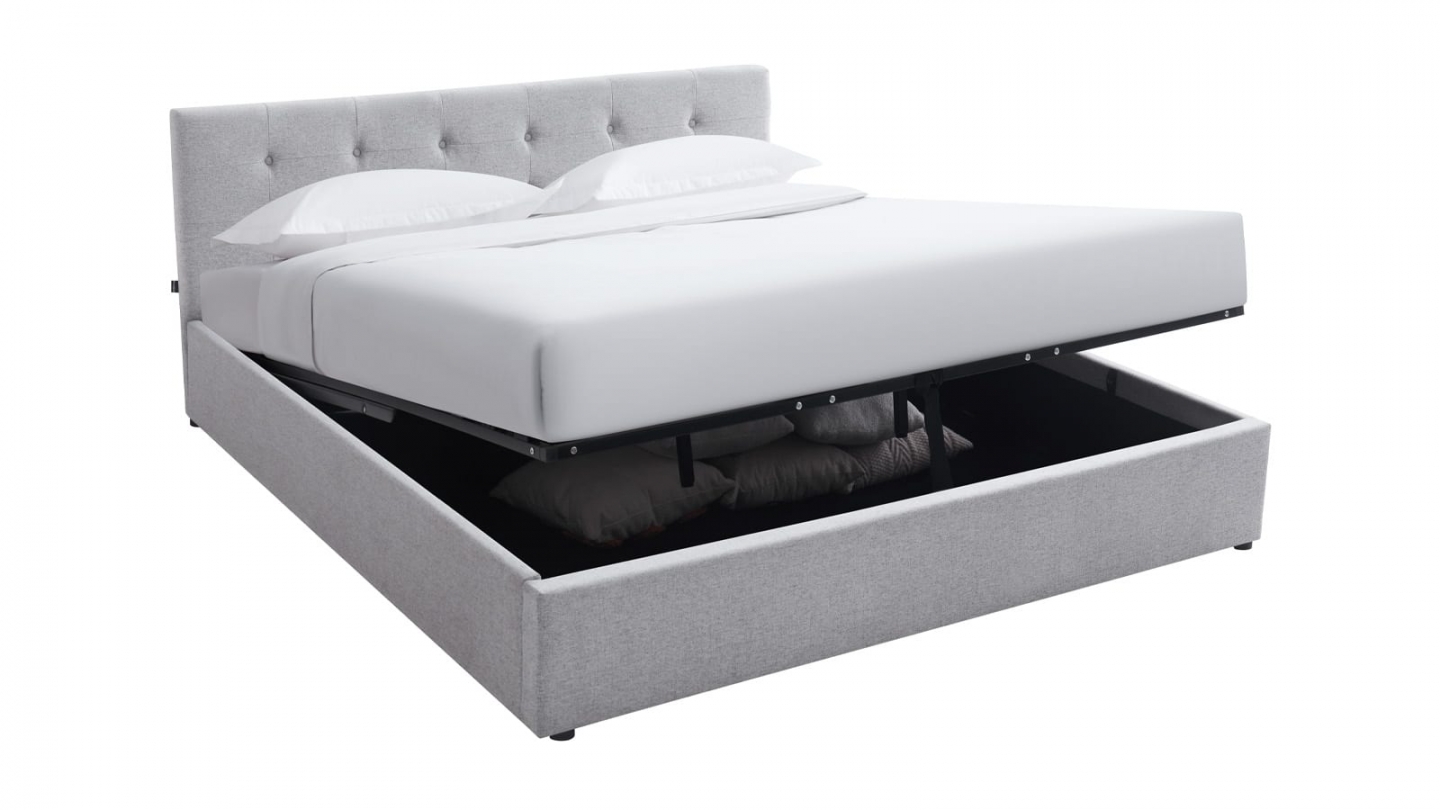 Ensemble Lit coffre adulte 140x190cm avec tête de lit en tissu gris - Tina + Matelas mémoire de forme - Memo HR
