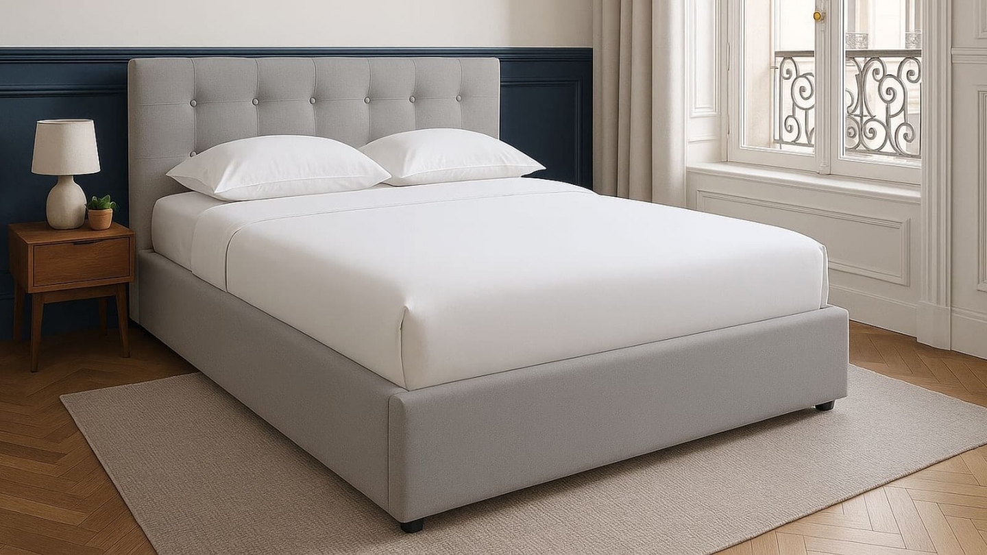 Ensemble Lit coffre adulte 140x190cm avec tête de lit en tissu gris - Tina + Matelas mémoire de forme - Memo HR