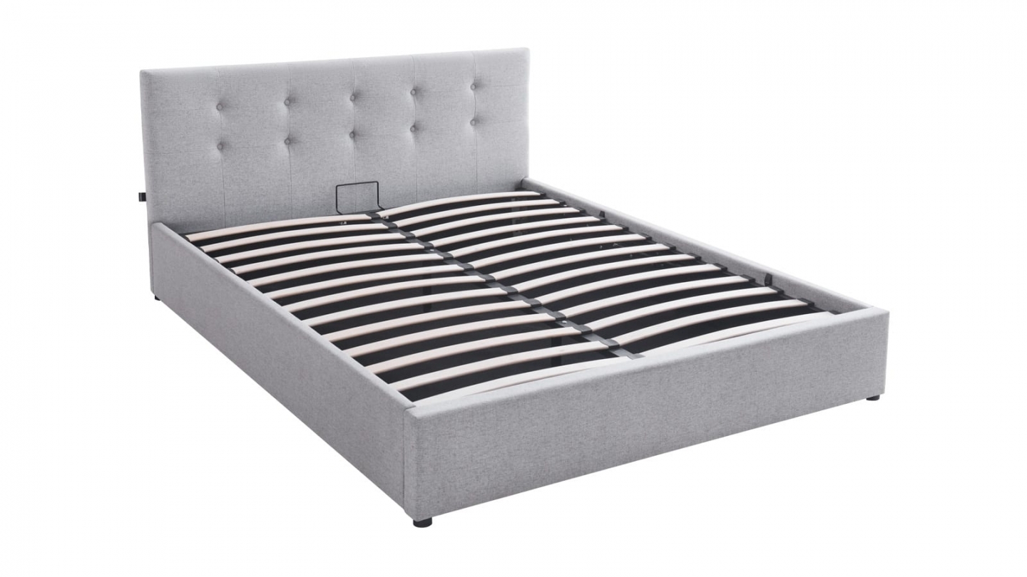 Ensemble Lit coffre adulte 160x200cm avec tête de lit en tissu gris - Tina + Matelas mémoire de forme - Memo HR