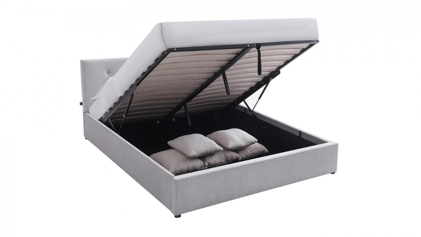 Ensemble Lit coffre adulte 160x200cm avec tête de lit en tissu gris - Tina + Matelas mémoire de forme - Memo HR