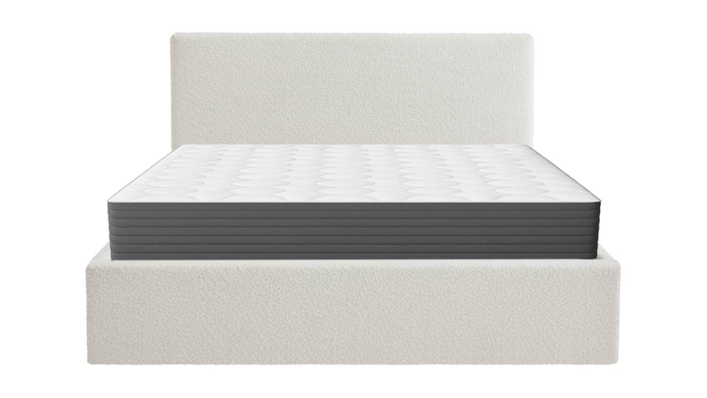 Ensemble Lit coffre adulte 140x190cm avec tête de lit en tissu bouclé beige - Tina + Matelas mémoire de forme - Memo HR