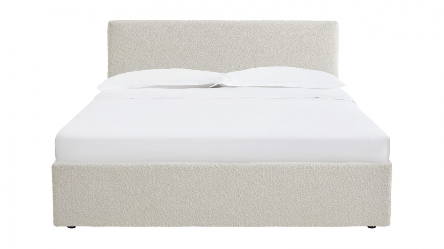 Ensemble Lit coffre adulte 140x190cm avec tête de lit en tissu bouclé beige - Tina + Matelas mémoire de forme - Memo HR