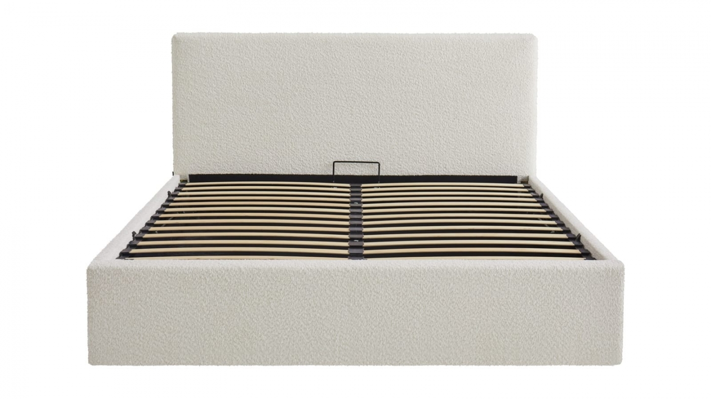 Ensemble Lit coffre adulte 140x190cm avec tête de lit en tissu bouclé beige - Tina + Matelas mémoire de forme - Memo HR