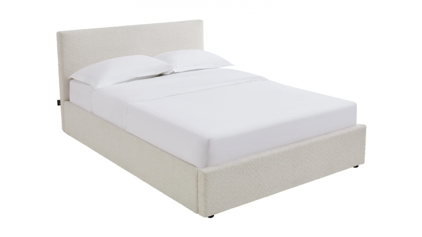 Ensemble Lit coffre adulte 160x200cm avec tête de lit en tissu bouclé beige - Tina + Matelas mémoire de forme - Memo HR