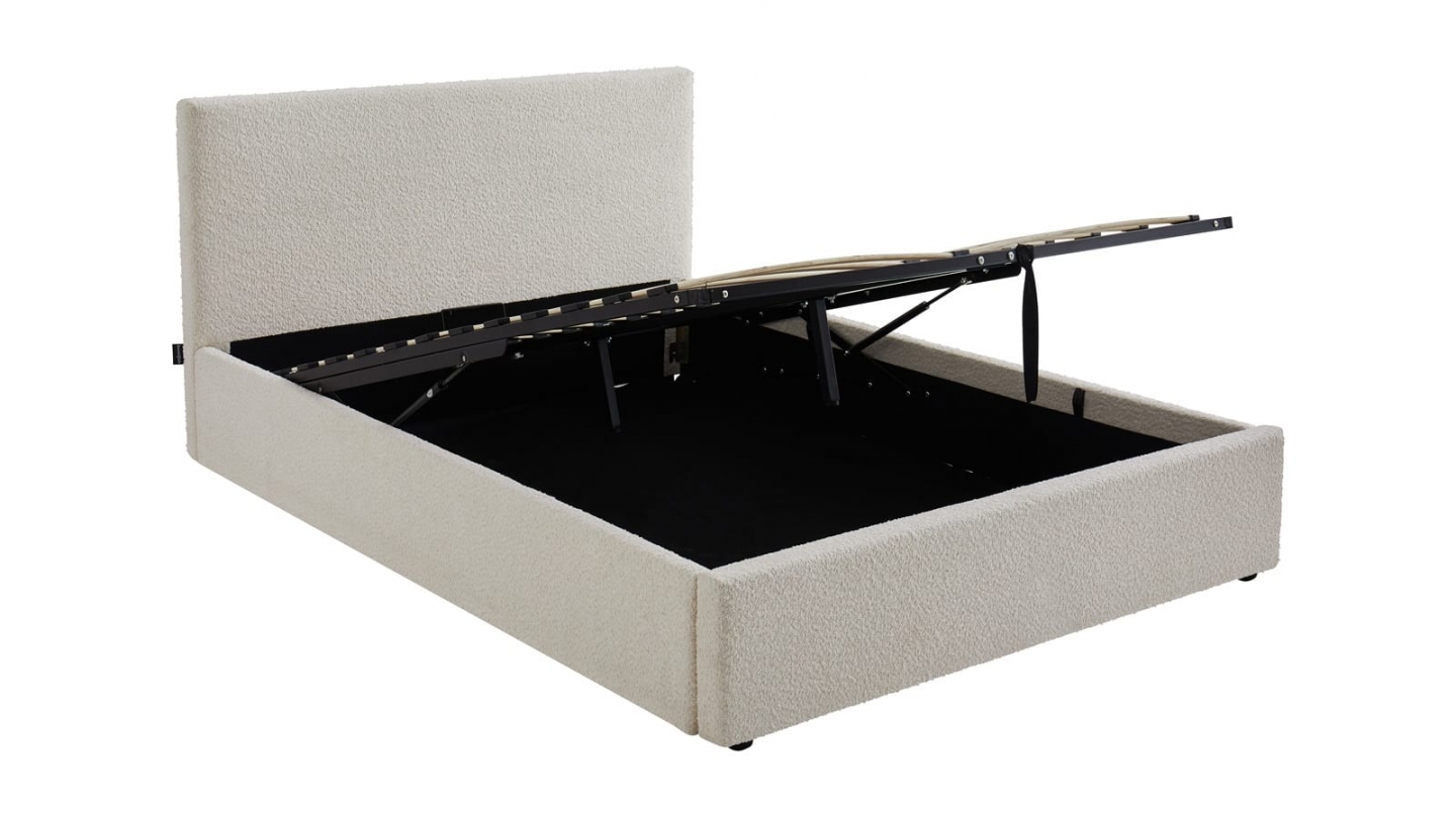 Ensemble Lit coffre adulte 160x200cm avec tête de lit en tissu bouclé beige - Tina + Matelas mémoire de forme - Memo HR