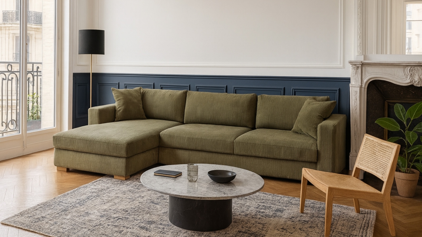 Canapé d'angle à gauche convertible 5 places en velours côtelé vert kaki - Robin Canapé d'angle à gauche convertible 5 places en velours côtelé vert kaki - Robin