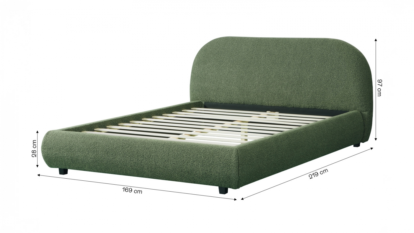 Lit adulte 140x190 cm avec sommier et tête de lit matelassée en tissu bouclé vert kaki - Maddie