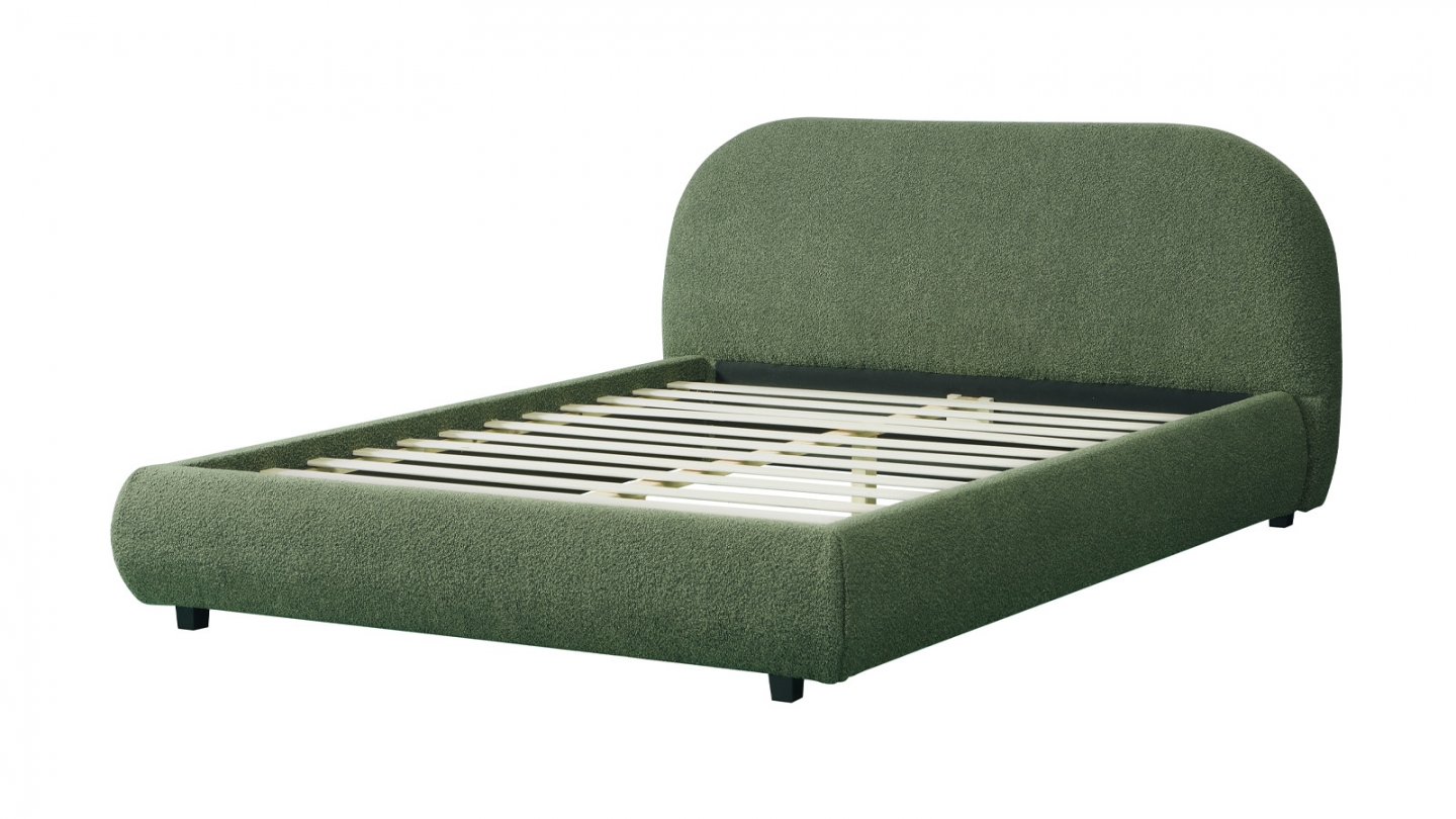 Lit adulte 160x200 cm avec sommier et tête de lit matelassée en tissu bouclé vert kaki - Maddie