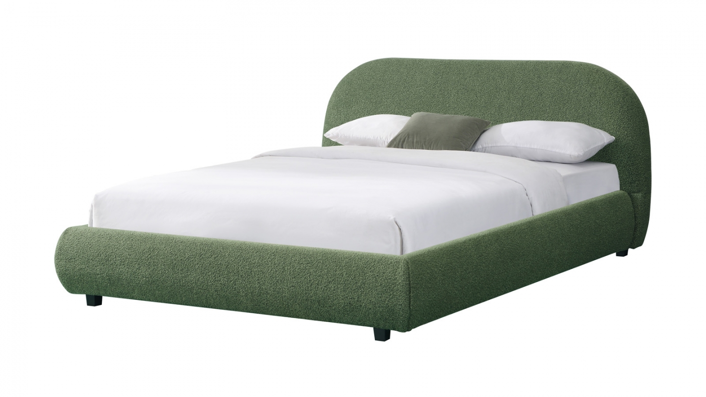Lit adulte 160x200 cm avec sommier et tête de lit matelassée en tissu bouclé vert kaki - Maddie