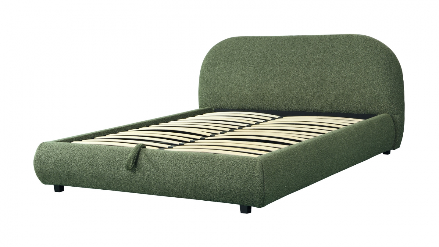 Lit coffre 160x200 cm avec tête de lit matelassée en tissu bouclé vert kaki - Madisson