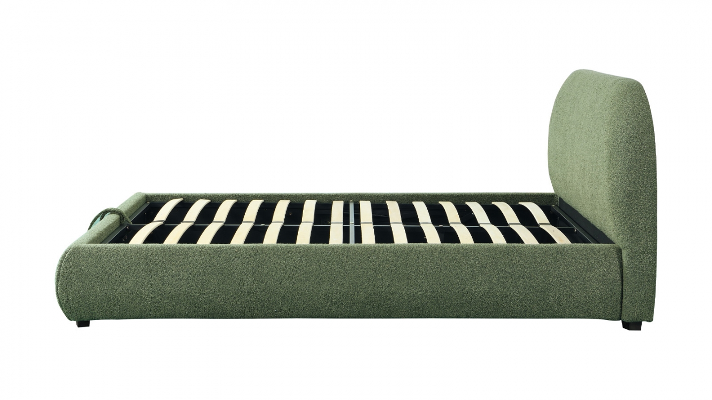 Lit coffre 160x200 cm avec tête de lit matelassée en tissu bouclé vert kaki - Madisson