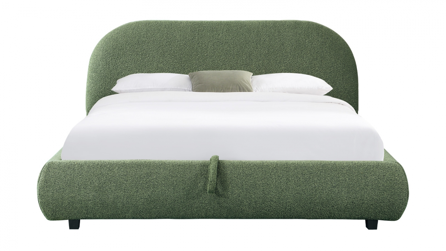 Lit coffre 160x200 cm avec tête de lit matelassée en tissu bouclé vert kaki - Madisson