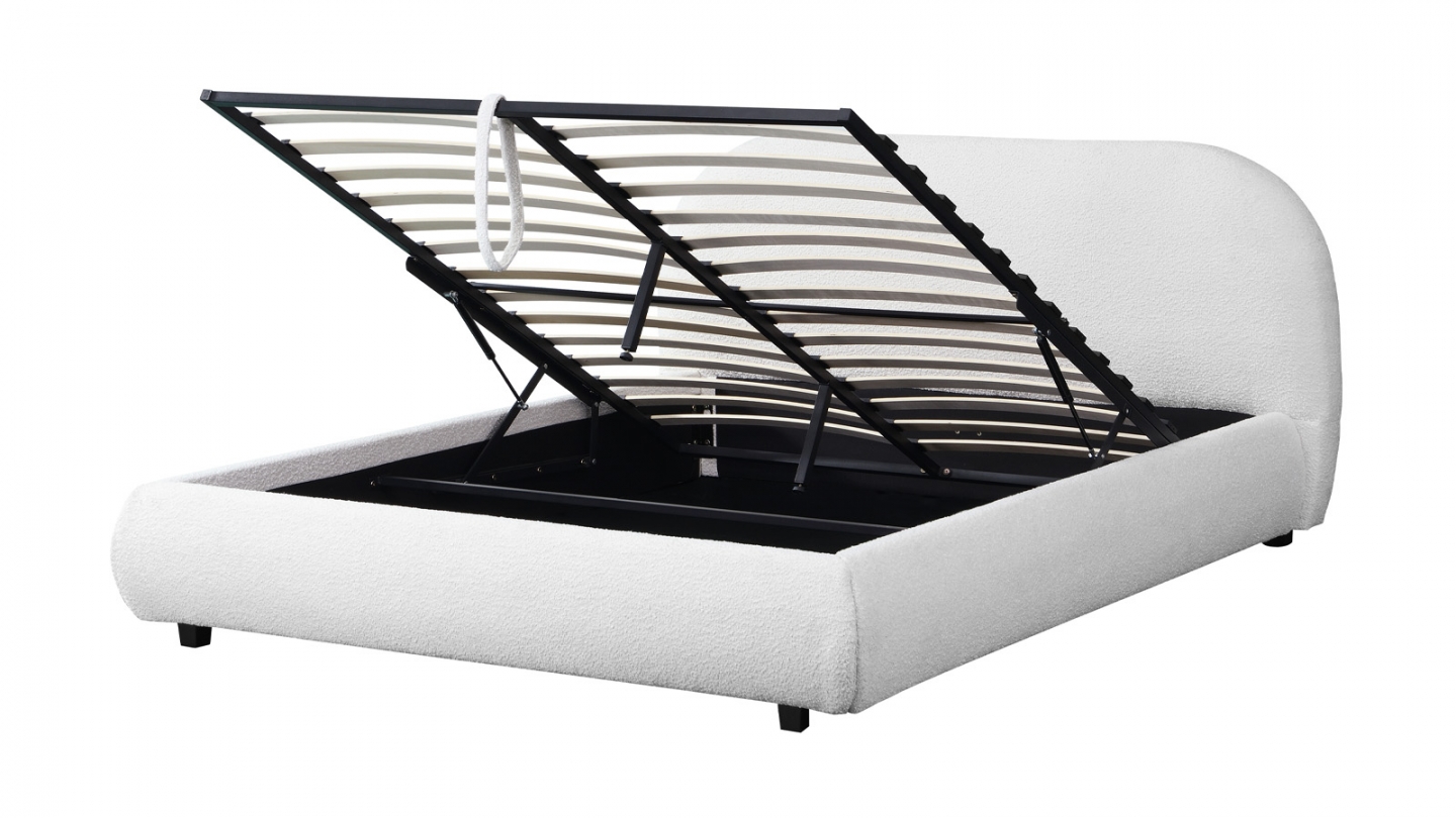 Lit coffre 140x190 cm avec tête de lit matelassée en tissu bouclé beige - Madisson