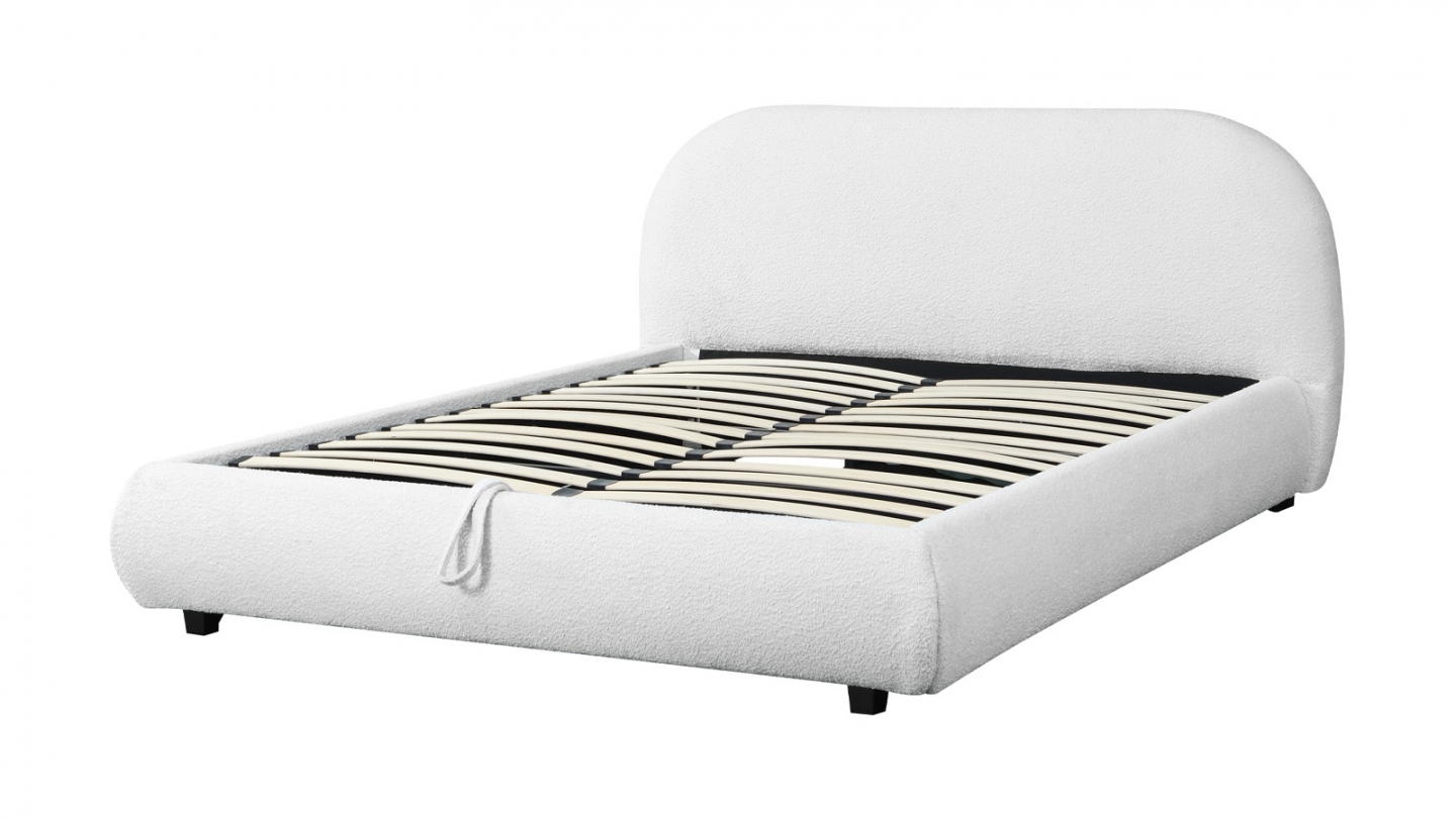 Lit coffre 140x190 cm avec tête de lit matelassée en tissu bouclé beige - Madisson