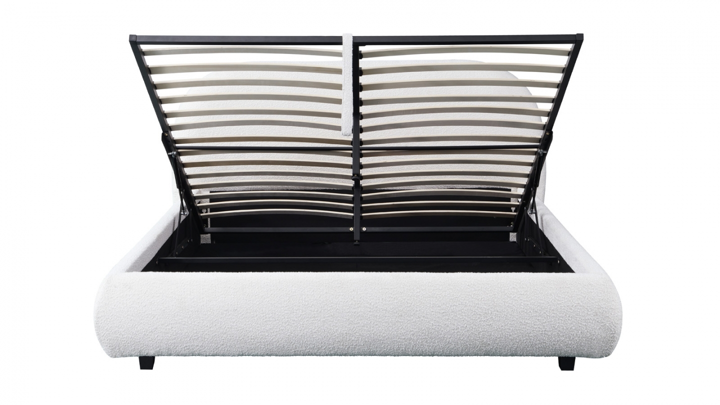 Lit coffre 160x200 cm avec tête de lit matelassée en tissu bouclé beige - Madisson