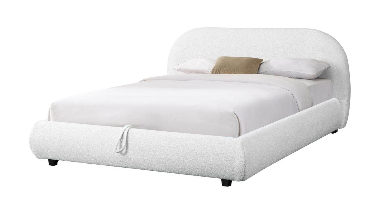Lit coffre 160x200 cm avec tête de lit matelassée en tissu bouclé beige - Madisson