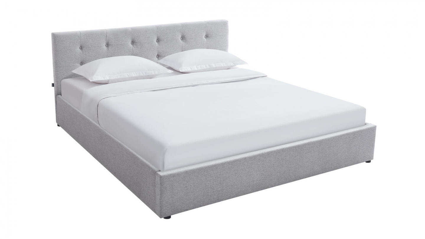 Ensemble Lit coffre adulte 180x200cm avec tête de lit en tissu gris - Tina + Matelas mémoire de forme - Memo HR