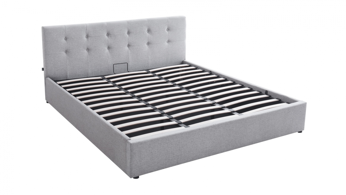 Ensemble Lit coffre adulte 180x200cm avec tête de lit en tissu gris - Tina + Matelas mémoire de forme - Memo HR