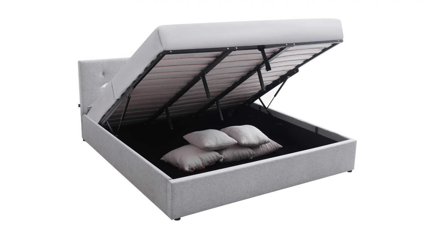 Ensemble Lit coffre adulte 180x200cm avec tête de lit en tissu gris - Tina + Matelas mémoire de forme - Memo HR