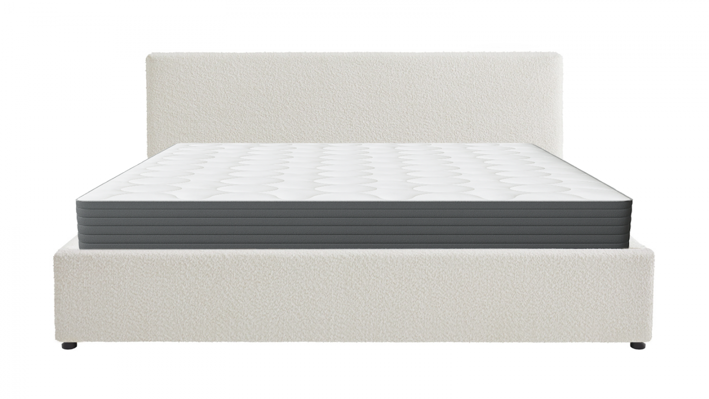 Ensemble Lit coffre adulte 180x200cm avec tête de lit en tissu bouclé beige - Tina + Matelas mémoire de forme - Memo HR