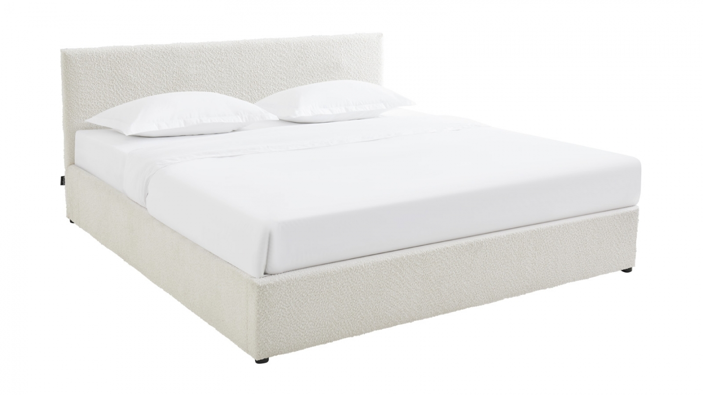 Ensemble Lit coffre adulte 180x200cm avec tête de lit en tissu bouclé beige - Tina + Matelas mémoire de forme - Memo HR