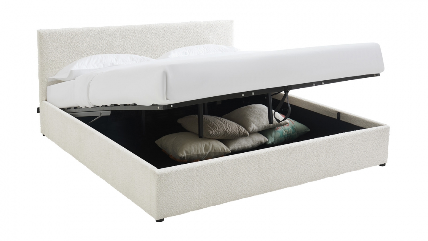 Ensemble Lit coffre adulte 180x200cm avec tête de lit en tissu bouclé beige - Tina + Matelas mémoire de forme - Memo HR