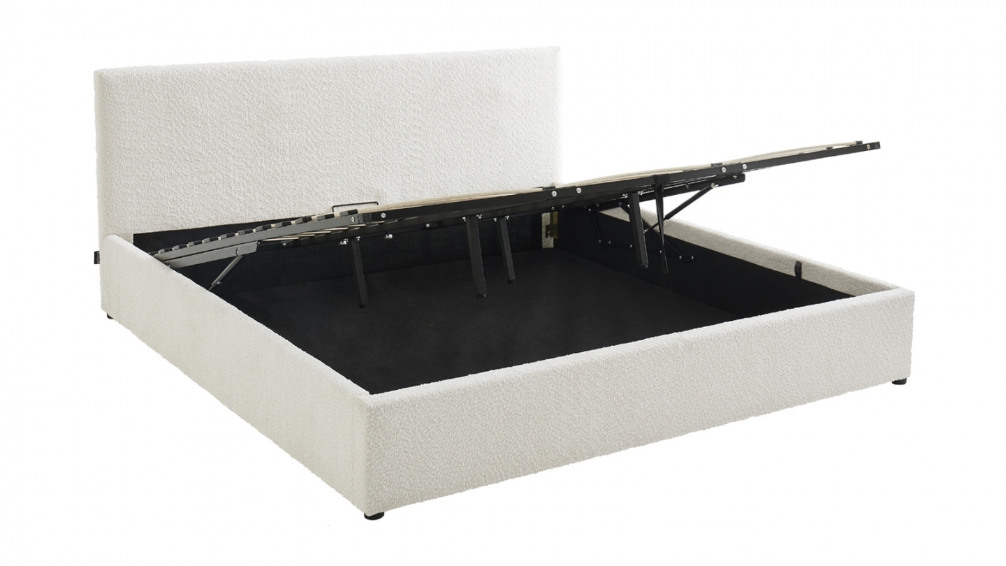 Ensemble Lit coffre adulte 180x200cm avec tête de lit en tissu bouclé beige - Tina + Matelas mémoire de forme - Memo HR