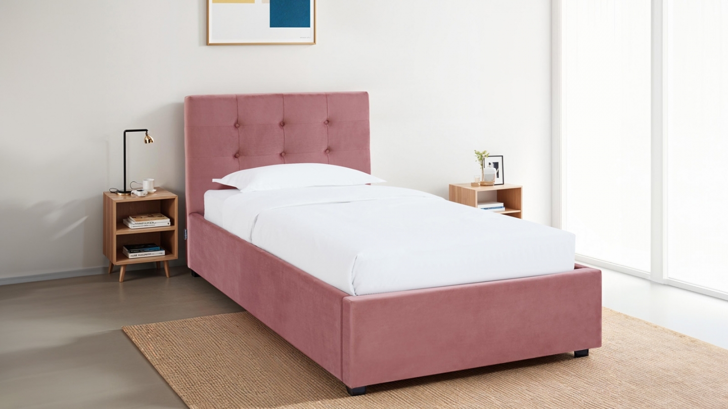 Ensemble Lit coffre adulte 90x190cm avec tête de lit en velours rose - Tina + Matelas ressorts ensachés - Spring Elite