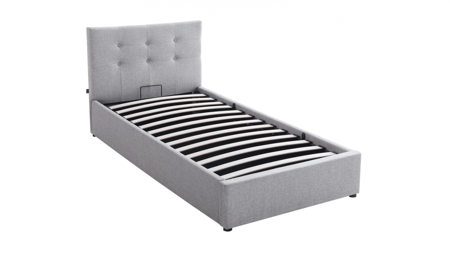 Ensemble Lit coffre adulte 90x190cm avec tête de lit en tissu gris - Tina + Matelas ressorts ensachés - Spring Elite