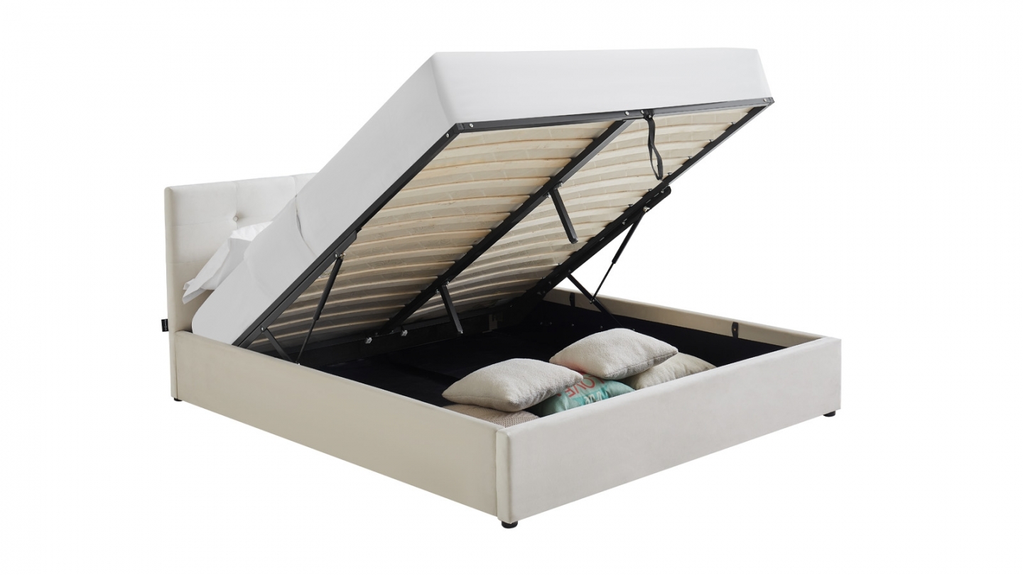 Ensemble Lit coffre adulte 140x190cm avec tête de lit en velours beige - Tina + Matelas ressorts ensachés - Spring Elite