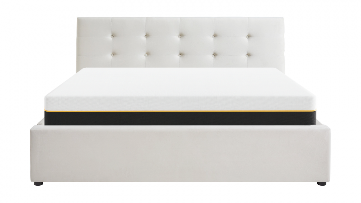 Ensemble Lit coffre adulte 160x200cm avec tête de lit en velours beige - Tina + Matelas mémoire de forme - Dual Confort
