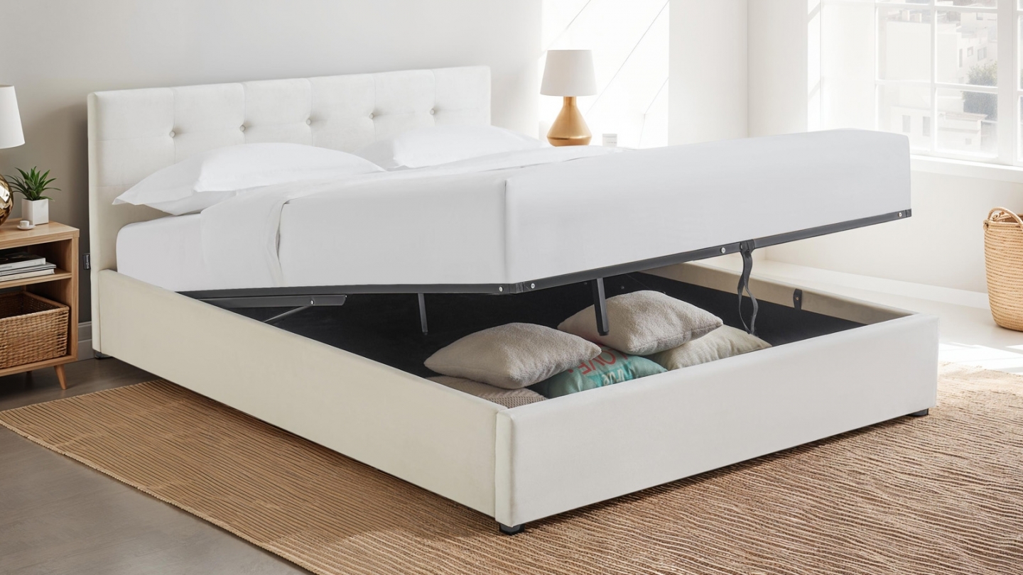 Ensemble Lit coffre adulte 160x200cm avec tête de lit en velours beige - Tina + Matelas mémoire de forme - Dual Confort