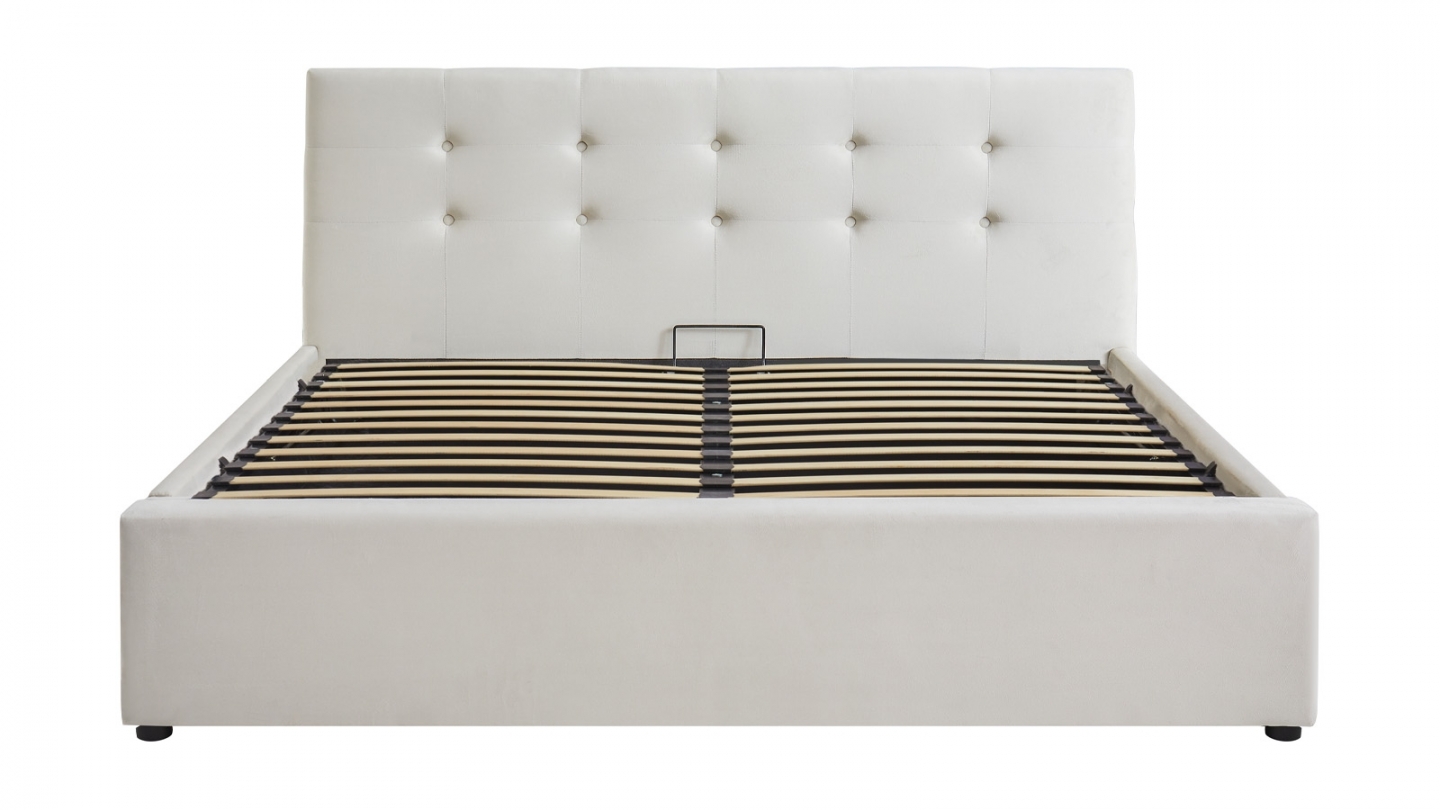 Ensemble Lit coffre adulte 160x200cm avec tête de lit en velours beige - Tina + Matelas mémoire de forme - Dual Confort