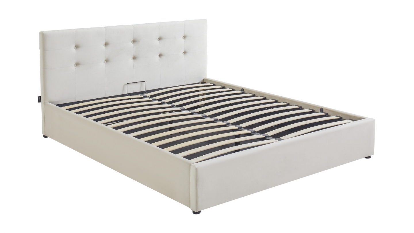 Ensemble Lit coffre adulte 160x200cm avec tête de lit en velours beige - Tina + Matelas mémoire de forme - Dual Confort
