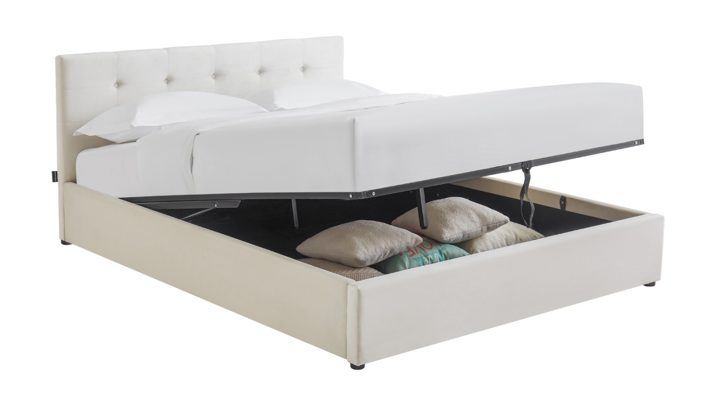 Ensemble Lit coffre adulte 160x200cm avec tête de lit en velours beige - Tina + Matelas ressorts ensachés - Spring Elite