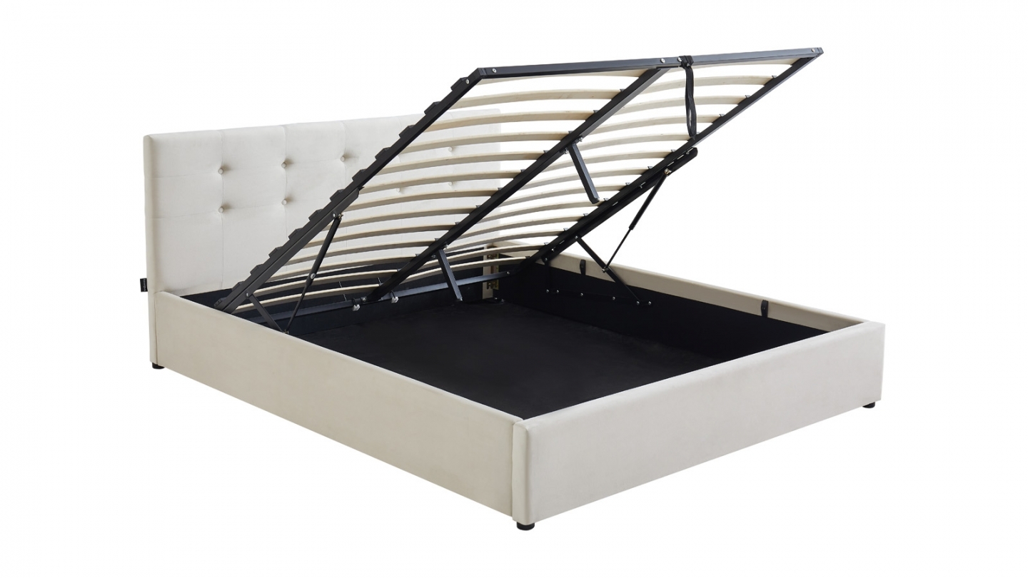 Ensemble Lit coffre adulte 160x200cm avec tête de lit en velours beige - Tina + Matelas ressorts ensachés - Spring Elite