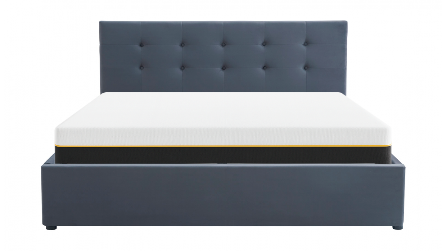 Ensemble Lit coffre adulte 140x190cm avec tête de lit en velours gris foncé - Tina + Matelas mémoire de forme - Dual Confort