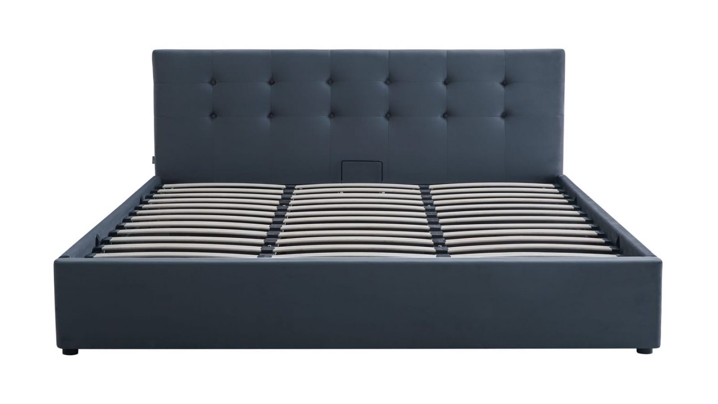 Ensemble Lit coffre adulte 180x200cm avec tête de lit en velours gris foncé - Tina + Matelas mémoire de forme - Dual Confort