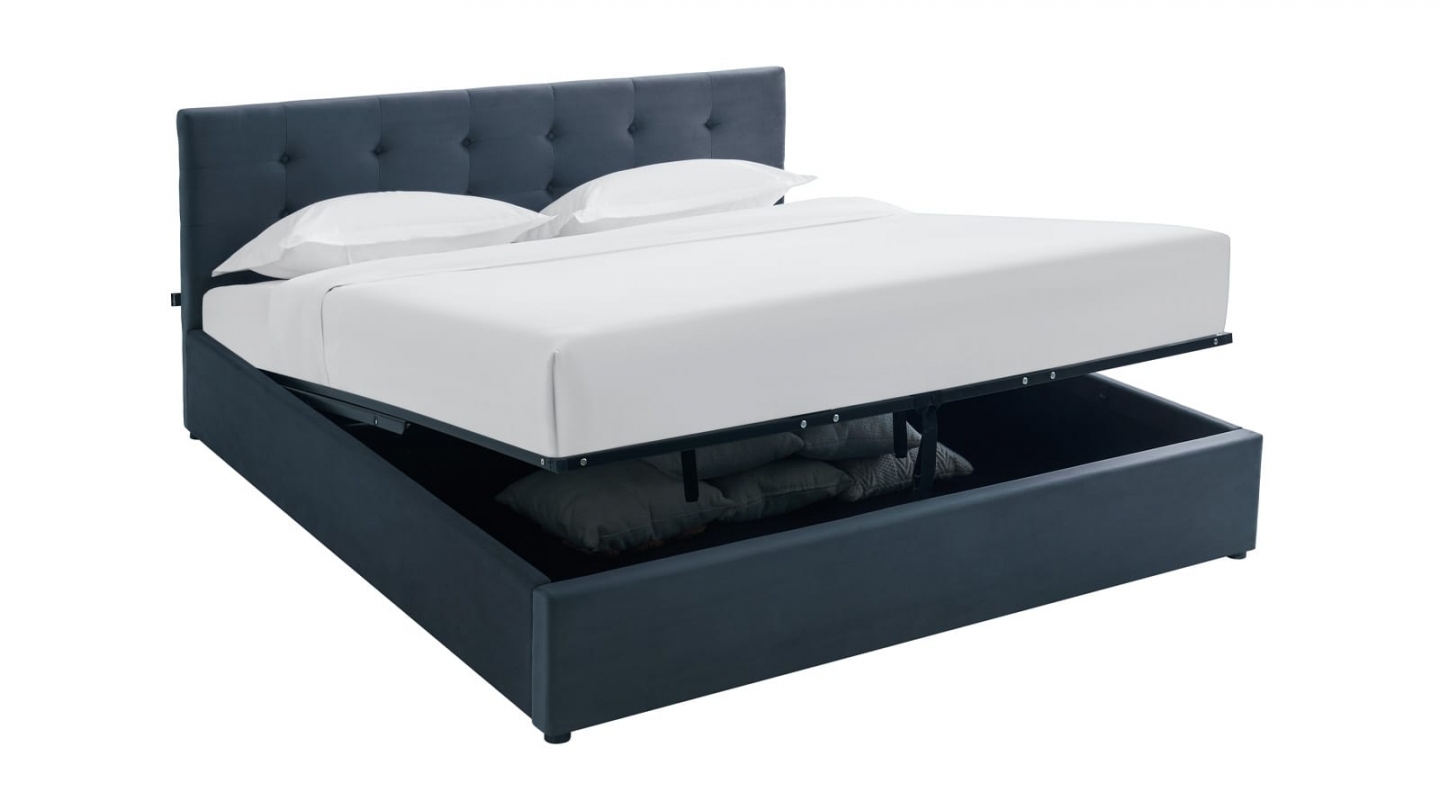 Ensemble Lit coffre adulte 180x200cm avec tête de lit en velours gris foncé - Tina + Matelas mémoire de forme - Dual Confort
