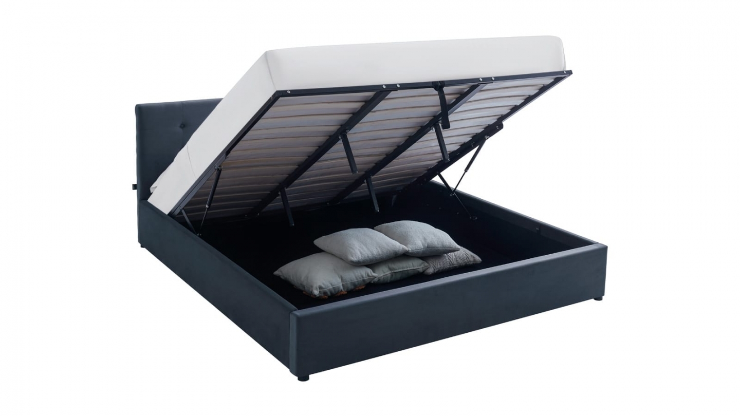 Ensemble Lit coffre adulte 180x200cm avec tête de lit en velours gris foncé - Tina + Matelas mémoire de forme - Dual Confort