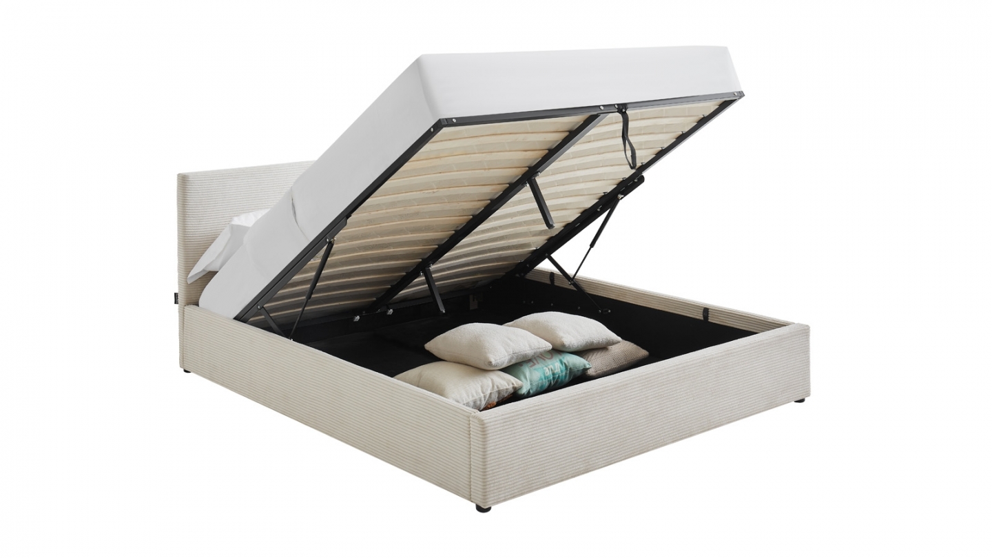 Ensemble Lit coffre adulte 140x190cm avec tête de lit en velours côtelé beige - Tina + Matelas ressorts ensachés - Spring Elite
