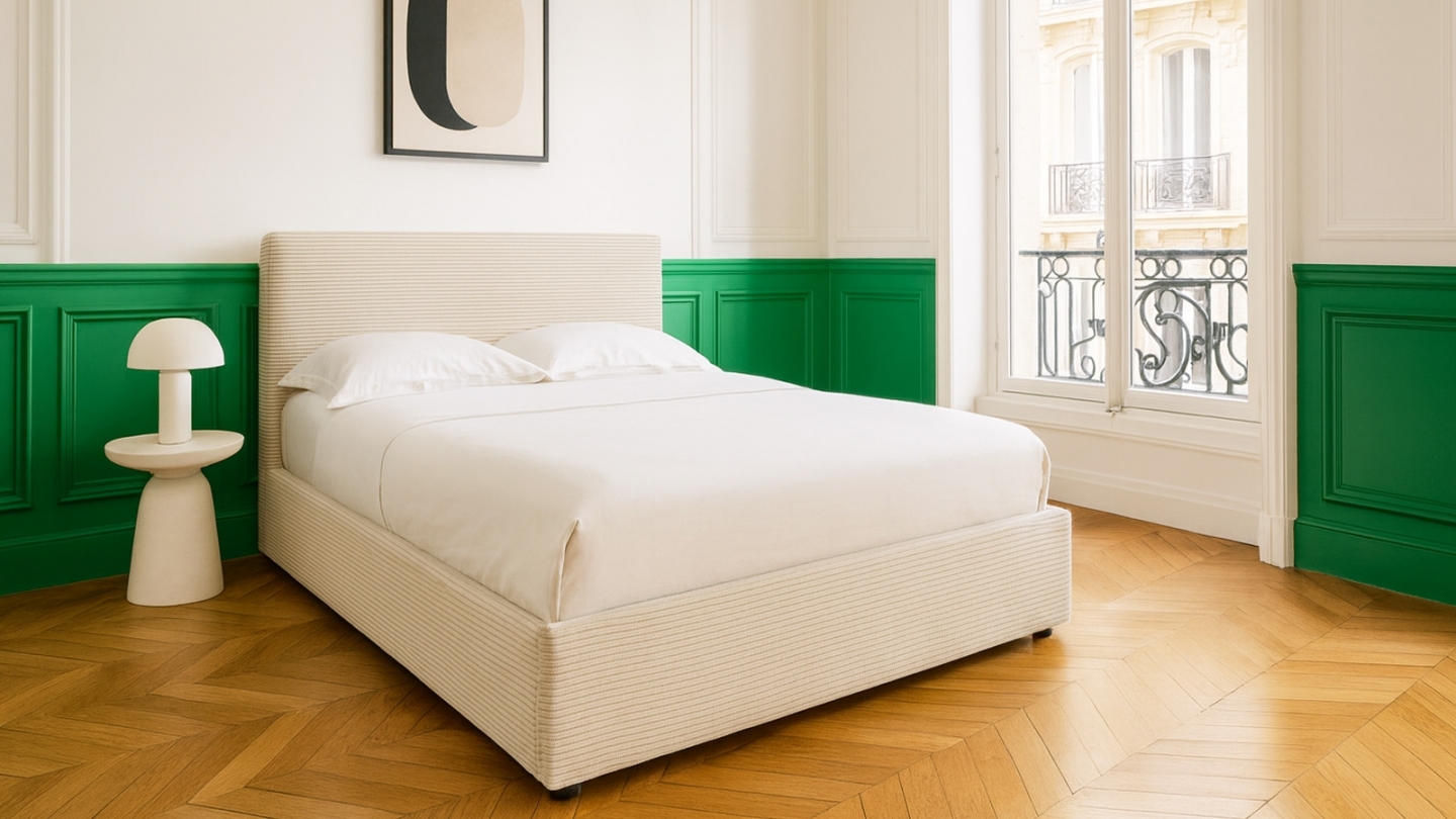 Ensemble Lit coffre adulte 160x200cm avec tête de lit en velours côtelé beige - Tina + Matelas ressorts ensachés - Spring Elite
