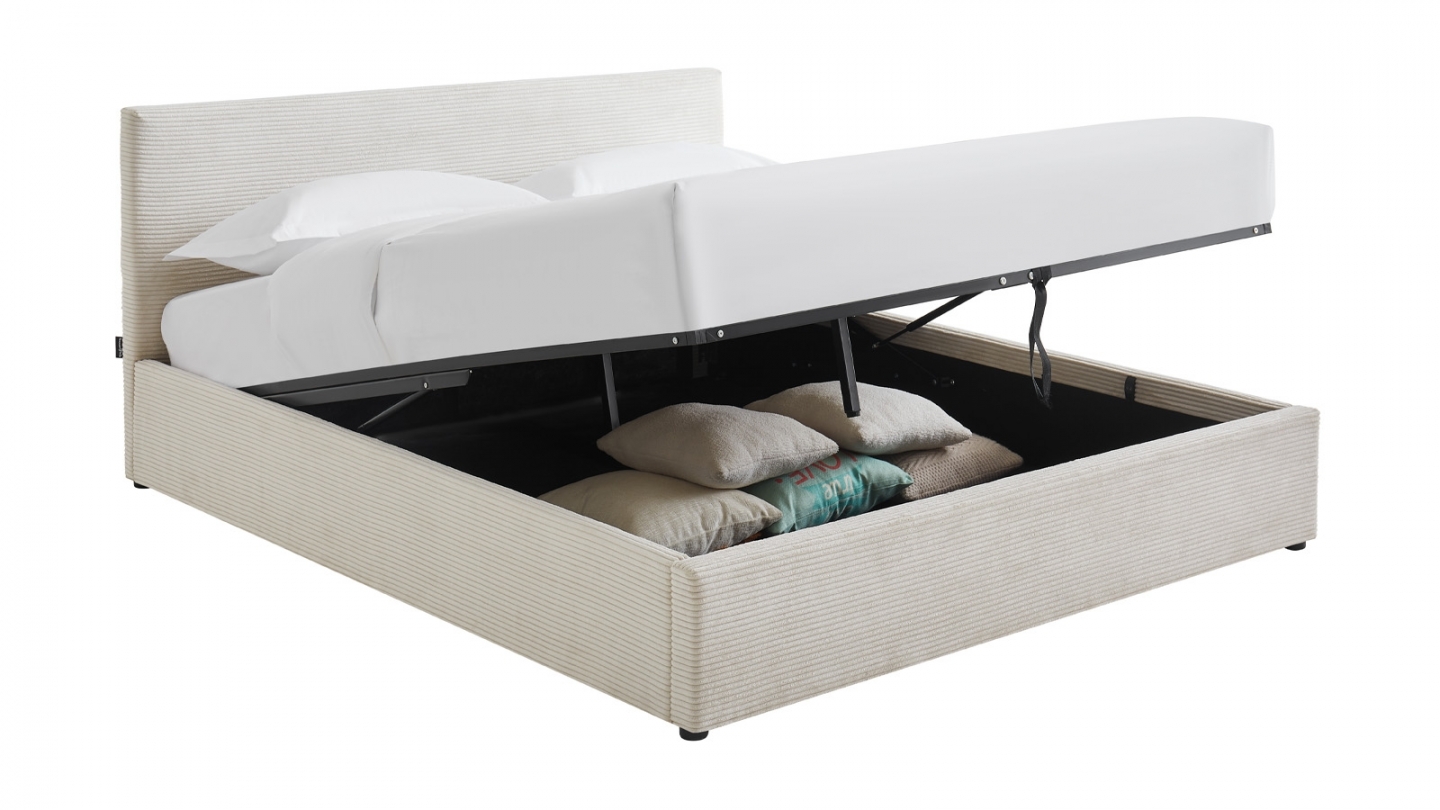Ensemble Lit coffre adulte 160x200cm avec tête de lit en velours côtelé beige - Tina + Matelas mémoire de forme - Dual Confort