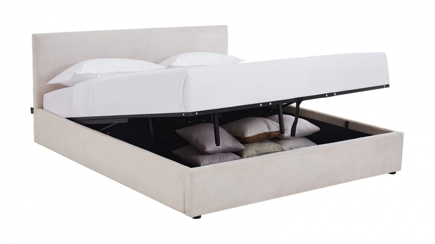 Ensemble Lit coffre adulte 180x200cm avec tête de lit en velours côtelé beige - Tina + Matelas mémoire de forme - Dual Confort Ensemble Lit coffre adulte 180x200cm avec tête de lit en velours côtelé beige - Tina + Matelas mémoire de forme - Dual Confort