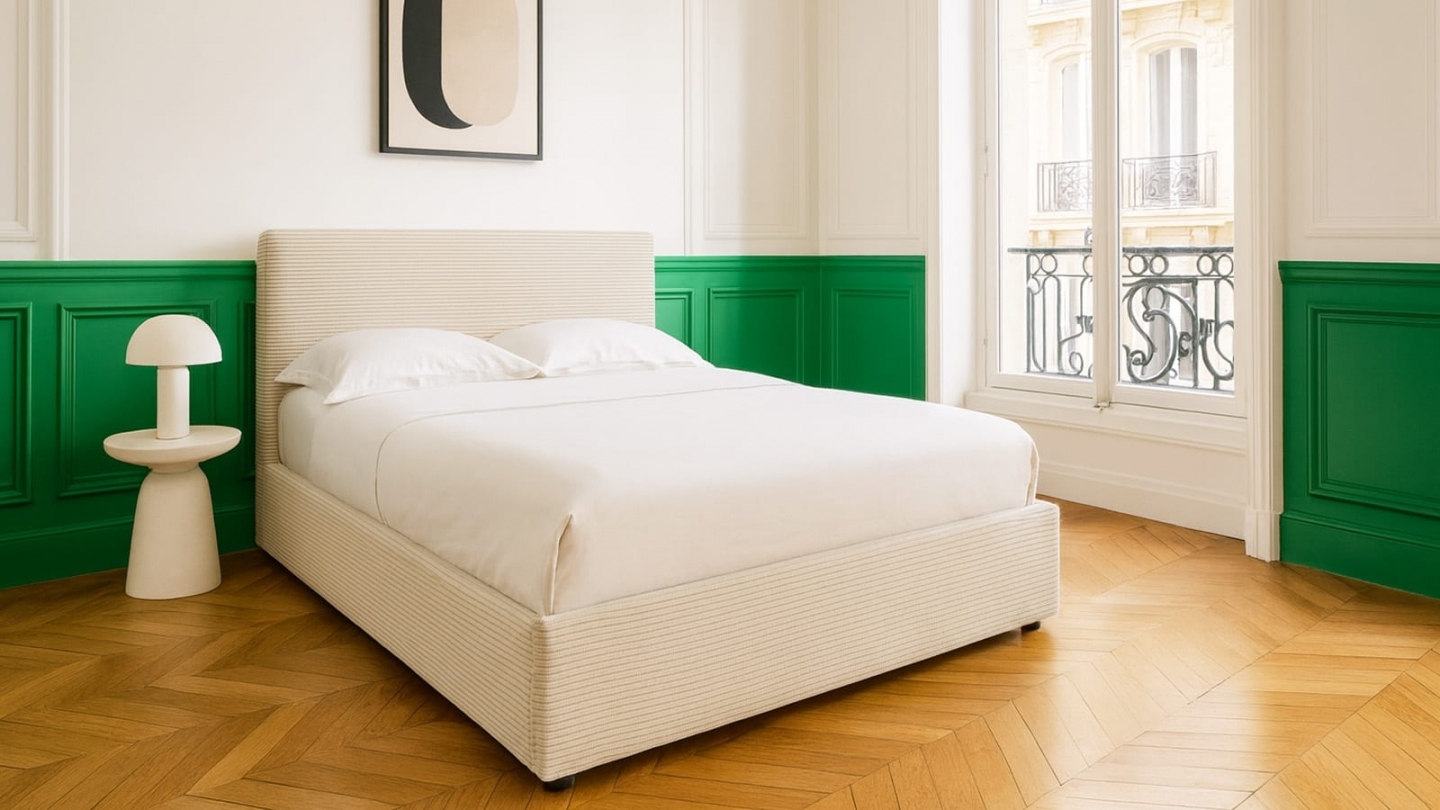 Ensemble Lit coffre adulte 180x200cm avec tête de lit en velours côtelé beige - Tina + Matelas mémoire de forme - Dual Confort Ensemble Lit coffre adulte 180x200cm avec tête de lit en velours côtelé beige - Tina + Matelas mémoire de forme - Dual Confort
