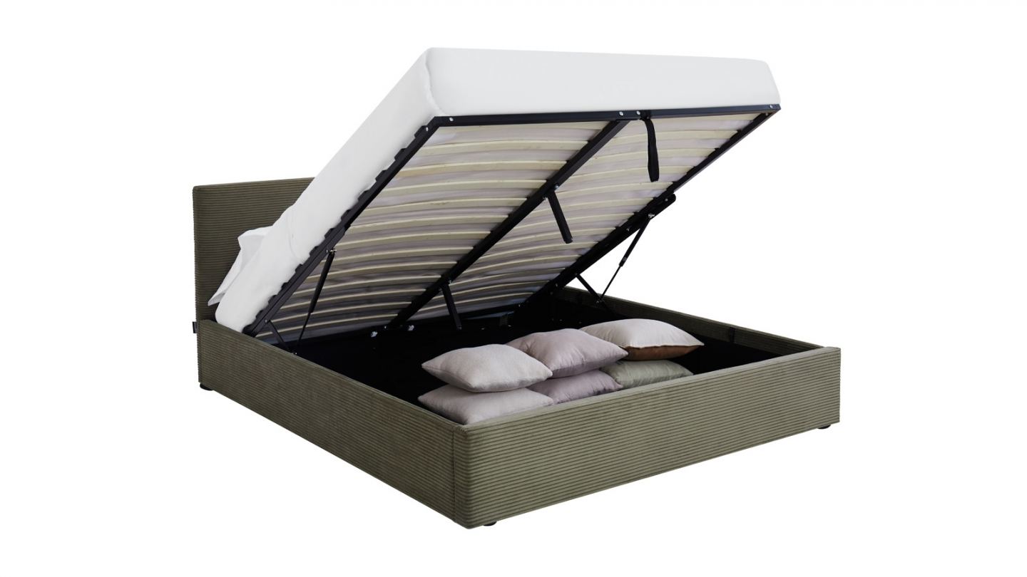 Ensemble Lit coffre adulte 140x190cm avec tête de lit en velours côtelé vert - Tina + Matelas ressorts ensachés - Spring Elite