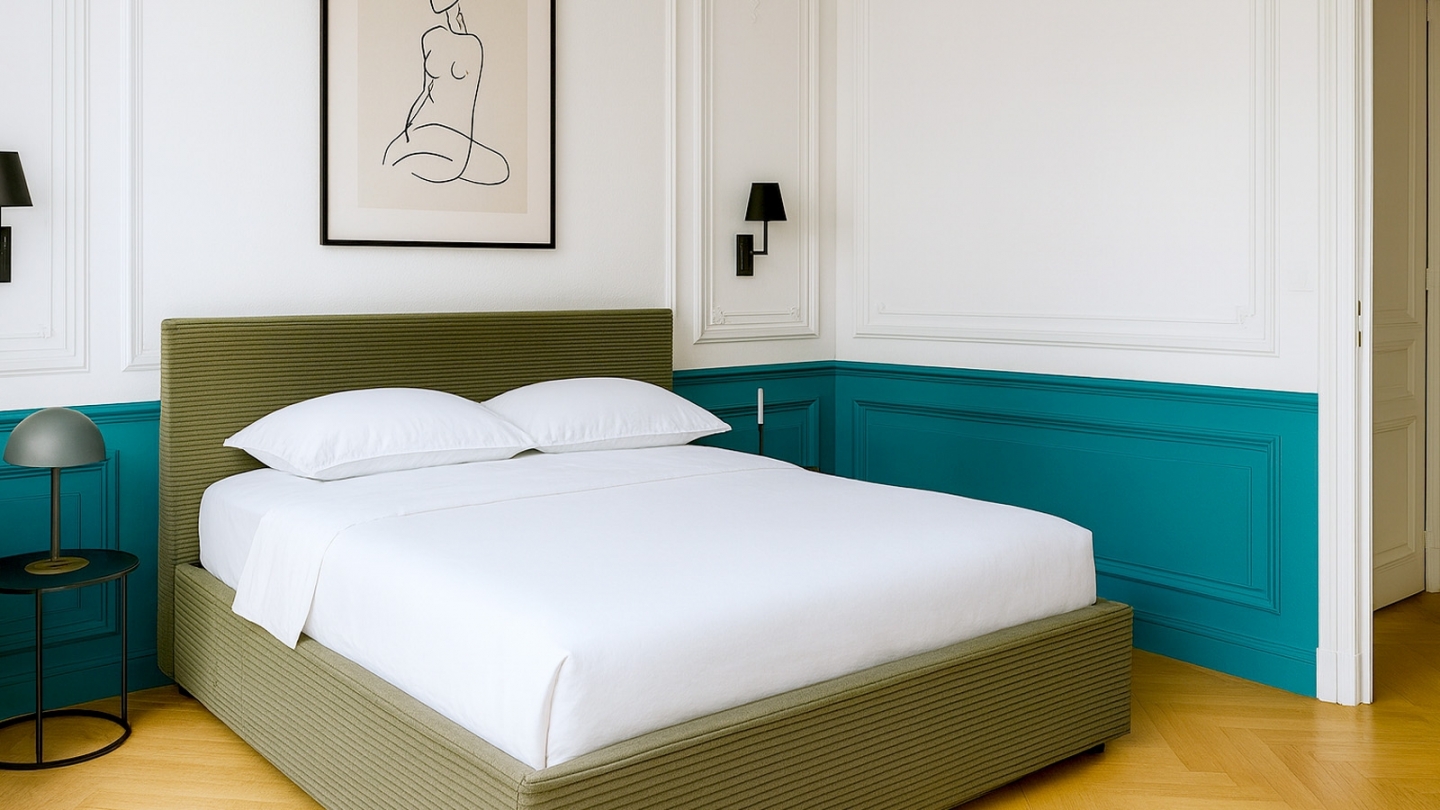 Ensemble Lit coffre adulte 140x190cm avec tête de lit en velours côtelé vert - Tina + Matelas ressorts ensachés - Spring Elite